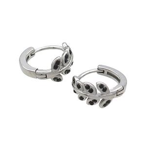 Raw Stainless Steel Hoop Earrings Pave Rhinestone Leaf, approx 7mm, 14mm dia [SSB2407]