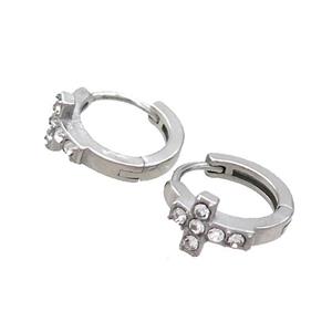 Raw Stainless Steel Hoop Earrings Pave Rhinestone Cross, approx 14mm dia [SSB2437]