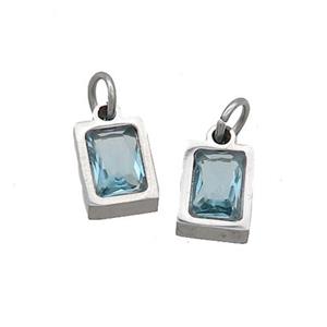 Raw Stainless Steel Pendant Pave Aqua Zircon Rectangle, approx 4x6mm [SSB2491]