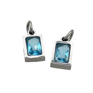 Raw Stainless Steel Pendant Pave Aqua Zircon Rectangle, approx 4x6mm [SSB2492]