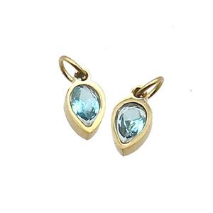 Stainless Steel Teardrop Pendant Pave Aqua Zircon Gold Plated, approx 4x6mm [SSB2541]