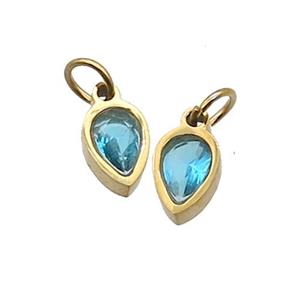 Stainless Steel Teardrop Pendant Pave Aqua Zircon Gold Plated, approx 4x6mm [SSB2542]