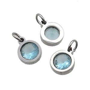 Raw Stainless Steel Pendant Pave Aqua Zircon Circle, approx 6mm [SSB2552]