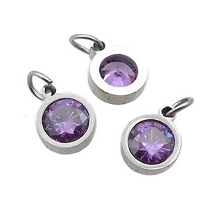 Raw Stainless Steel Pendant Pave Purple Zircon Circle, approx 6mm [SSB2558]