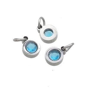 Raw Stainless Steel Circle Pendant Pave Aqua Zircon, approx 4mm [SSB2573-4MM]