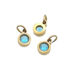 Stainless Steel Circle Pendant Pave Aqua Zircon Gold Plated, approx 4mm [SSB2577-4MM]