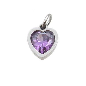Raw Stainless Steel Heart Pendant Pave Purple Zircon, approx 6x6mm [SSB2632]