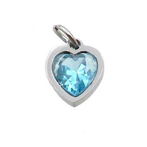 Raw Stainless Steel Heart Pendant Pave Aqua Zircon, approx 6x6mm [SSB2633]