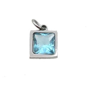 Raw Stainless Steel Square Pendant Pave Aqua Zircon, approx 6x6mm [SSB2656]
