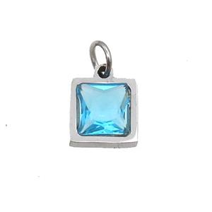 Raw Stainless Steel Square Pendant Pave Aqua Zircon, approx 6x6mm [SSB2657]