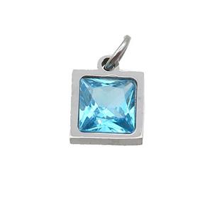 Raw Stainless Steel Square Pendant Pave Aqua Zircon, approx 6x6mm [SSB2658]
