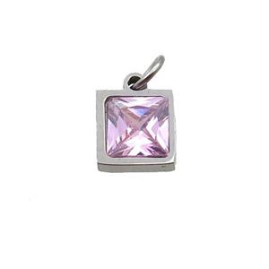 Raw Stainless Steel Square Pendant Pave Pink Zircon, approx 6x6mm [SSB2660]