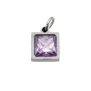 Raw Stainless Steel Square Pendant Pave Purple Zircon, approx 6x6mm [SSB2661]