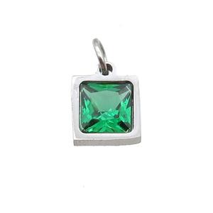 Raw Stainless Steel Square Pendant Pave Green Zircon, approx 6x6mm [SSB2664]