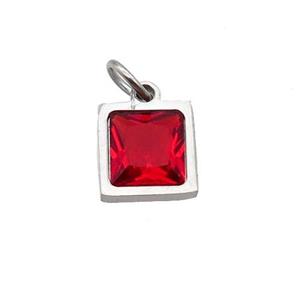 Raw Stainless Steel Square Pendant Pave Red Zircon, approx 6x6mm [SSB2666]