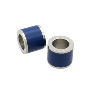 Raw Stainless Steel Column Beads Blue Enamel Large Hole, approx 11.5mm, 7mm hole [SSB3095]