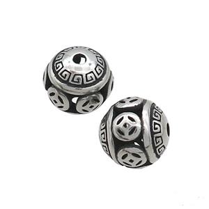 Stainless Steel Round Beads Hollow Antique Silver, approx 10mm [SSB3178]