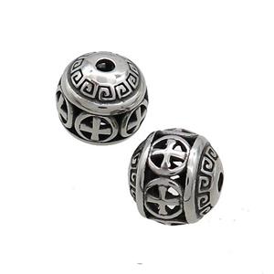 Stainless Steel Round Beads Hollow Antique Silver, approx 10mm [SSB3192]