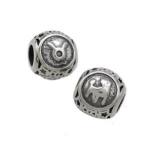 Stainless Steel Round Beads Zodiac Taurus Antique Silver, approx 9-10mm, 4mm hole [SSB3233]