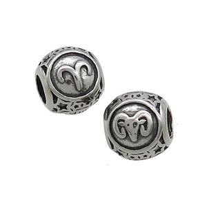 Stainless Steel Round Beads Zodiac Aries Antique Silver, approx 9-10mm, 4mm hole [SSB3234]