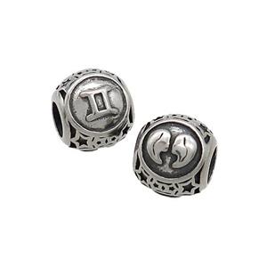 Stainless Steel Round Beads Zodiac Gemini Antique Silver, approx 9-10mm, 4mm hole [SSB3241]