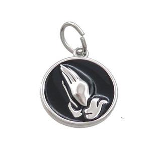 Raw Stainless Steel Praying Hands Charms Pendant Black Enamel, approx 16mm [SSB3457]