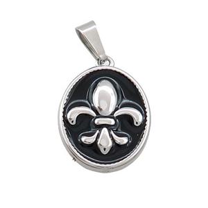 Raw Stainless Steel Fleur-De-Lis Charms Pendant Oval Black Enamel, approx 14-17mm [SSB3465]