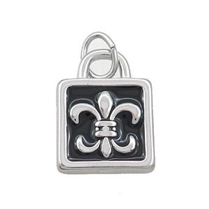 Raw Stainless Steel Fleur-De-Lis Charms Pendant Lock Black Enamel, approx 14mm [SSB3466]