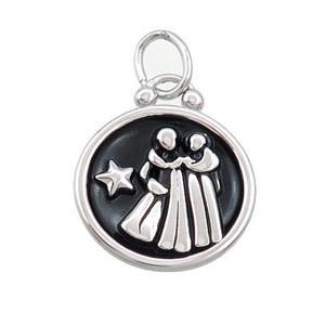 Raw Stainless Steel Gemini Zodiac Charms Pendant Circle Black Enamel, approx 17mm dia [SSB3467]