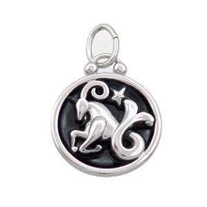 Raw Stainless Steel Capricorn Zodiac Charms Pendant Circle Black Enamel, approx 17mm dia [SSB3468]