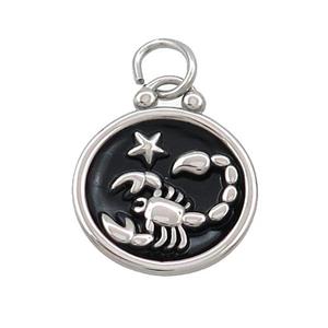 Raw Stainless Steel Scorpio Zodiac Charms Pendant Circle Black Enamel, approx 17mm dia [SSB3469]