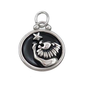 Raw Stainless Steel Leo Zodiac Charms Pendant Circle Black Enamel, approx 17mm dia [SSB3471]