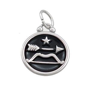 Raw Stainless Steel Sagittarius Zodiac Charms Pendant Circle Black Enamel, approx 17mm dia [SSB3473]