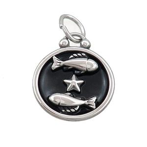 Raw Stainless Steel Pisces Zodiac Charms Pendant Circle Black Enamel, approx 17mm dia [SSB3474]