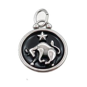 Raw Stainless Steel Taurus Zodiac Charms Pendant Circle Black Enamel, approx 17mm dia [SSB3475]