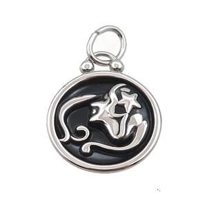 Raw Stainless Steel Virgo Zodiac Charms Pendant Circle Black Enamel, approx 17mm dia [SSB3477]