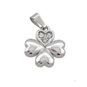 Raw Stainless Steel Clover Charms Pendant Pave Rhinestone, approx 14mm [SSB3485]