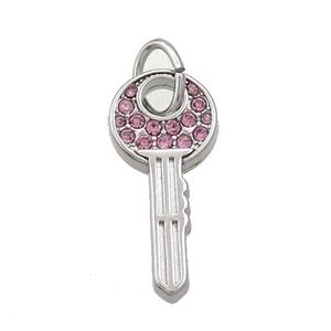 Raw Stainless Steel Key Pendant Pave Pink Rhinestone, approx 10-22mm [SSB3489]