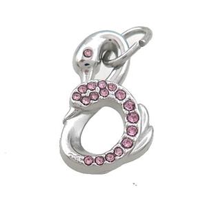 Raw Stainless Steel Swan Pendant Pave Pink Rhinestone, approx 11.5-19mm [SSB3495]