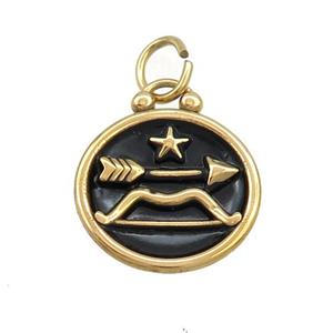 Stainless Steel Sagittarius Zodiac Charms Pendant Circle Black Enamel Gold Plated, approx 17mm dia [SSB3510]