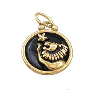 Stainless Steel Leo Zodiac Charms Pendant Circle Black Enamel Gold Plated, approx 17mm dia [SSB3511]