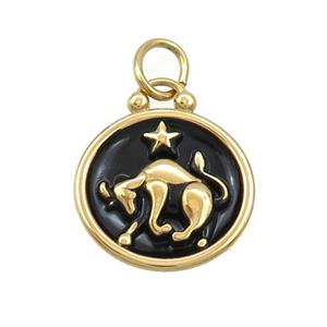 Stainless Steel Taurus Zodiac Charms Pendant Circle Black Enamel Gold Plated, approx 17mm dia [SSB3512]
