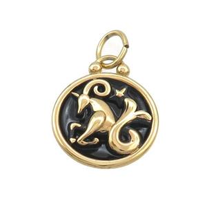 Stainless Steel Capricorn Zodiac Charms Pendant Circle Black Enamel Gold Plated, approx 17mm dia [SSB3513]