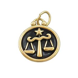 Stainless Steel Libra Zodiac Charms Pendant Circle Black Enamel Gold Plated, approx 17mm dia [SSB3516]