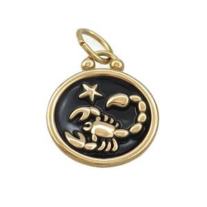 Stainless Steel Scorpio Zodiac Charms Pendant Circle Black Enamel Gold Plated, approx 17mm dia [SSB3517]