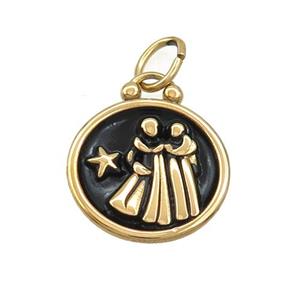 Stainless Steel Gemini Zodiac Charms Pendant Circle Black Enamel Gold Plated, approx 17mm dia [SSB3518]