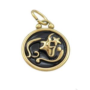 Stainless Steel Virgo Zodiac Charms Pendant Circle Black Enamel Gold Plated, approx 17mm dia [SSB3519]