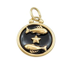Stainless Steel Pisces Zodiac Charms Pendant Circle Black Enamel Gold Plated, approx 17mm dia [SSB3520]