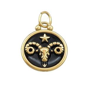 Stainless Steel Aries Zodiac Charms Pendant Circle Black Enamel Gold Plated, approx 17mm dia [SSB3521]