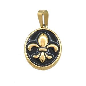 Stainless Steel Fleur-De-Lis Charms Pendant Oval Black Enamel Gold Plated, approx 13.5-18mm [SSB3523]